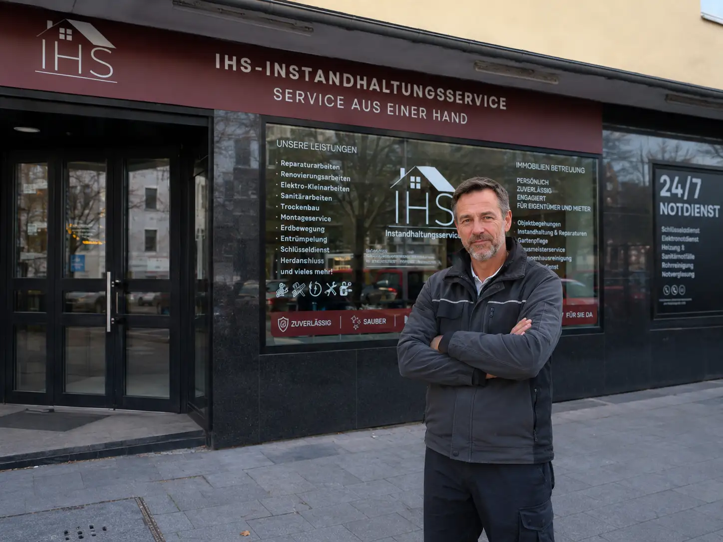 Inhaber von IHS Instandhaltungsservice vor dem Ladenlokal in Essen
